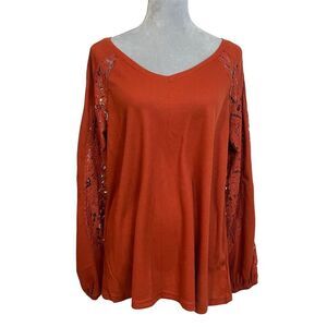 Southern Grace Women's V Neck Orange Lace Accent Blouse Top L Fall Lightweight
